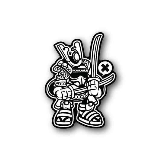 Vinyl sticker of a samurai trooper character holding a sword, with bold outline and cross emblem