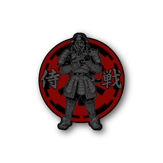 Samurai warrior vinyl sticker with red circular border and black armored figure