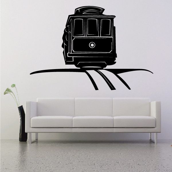 Cable trolley wall decal, black silhouette with wheels and cable lines