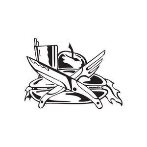 Black sandwich-style decal with stylized knife, fork, and winged emblem