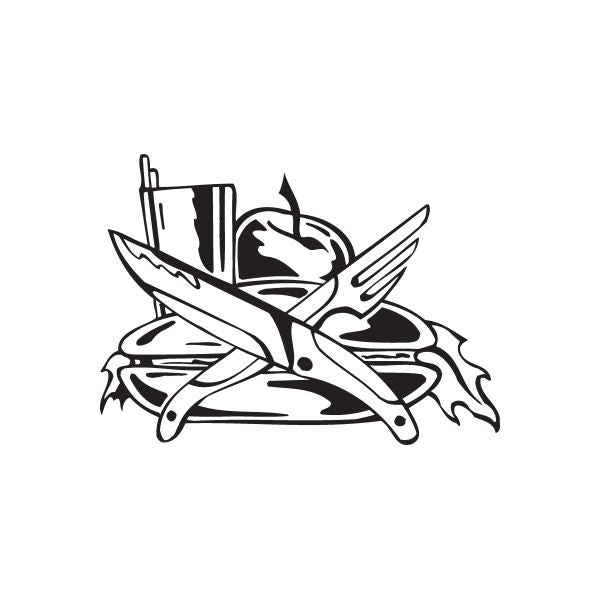 Black sandwich-style decal with stylized knife, fork, and winged emblem
