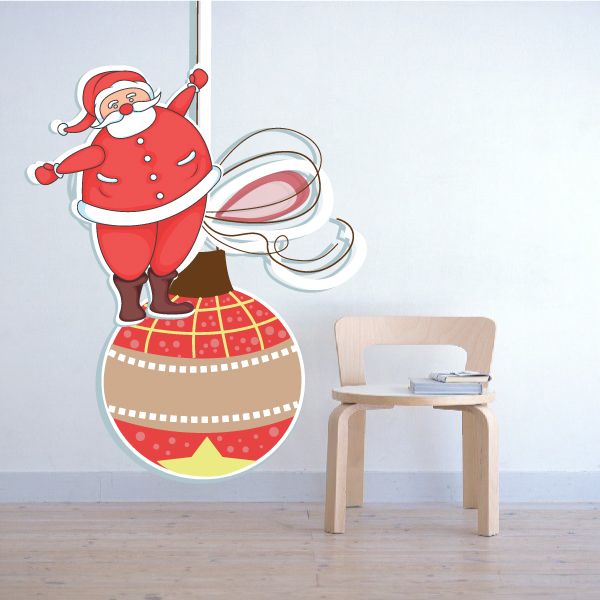 Santa ornament wall sticker with red suit and swirl ribbon, standing on round decorative shape