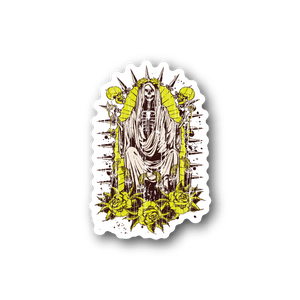 Santa Muerte portrait vinyl sticker with white scalloped border and yellow graphic detail