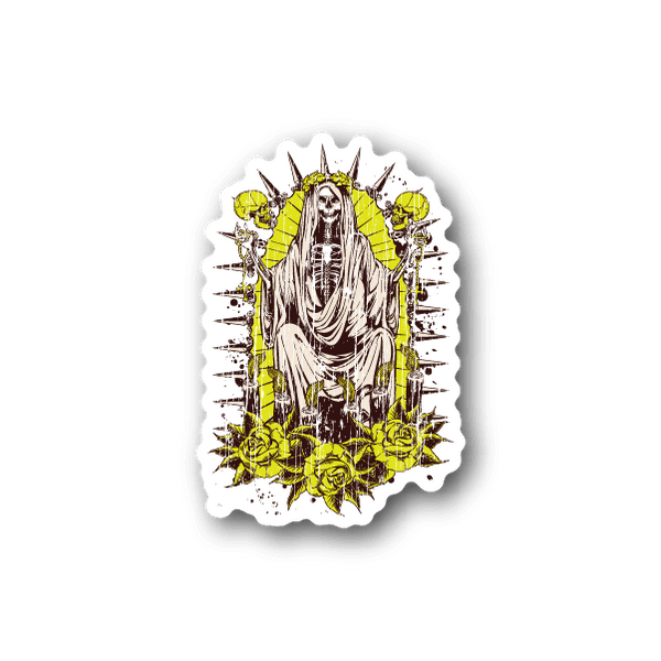 Santa Muerte portrait vinyl sticker with white scalloped border and yellow graphic detail