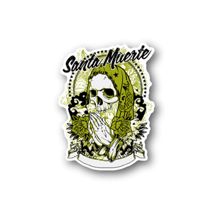 Santa Muerte vinyl sticker with hooded skull design in green and white