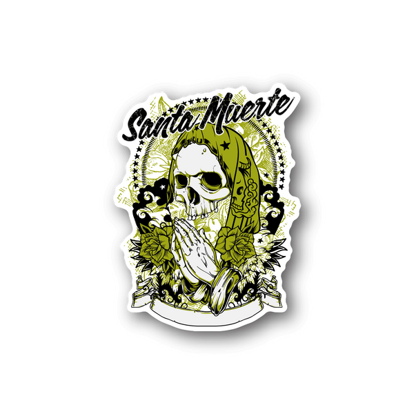 Santa Muerte vinyl sticker with hooded skull design in green and white
