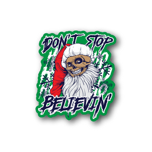 Vinyl sticker of Santa skull character with blue eyes and green graffiti-style text