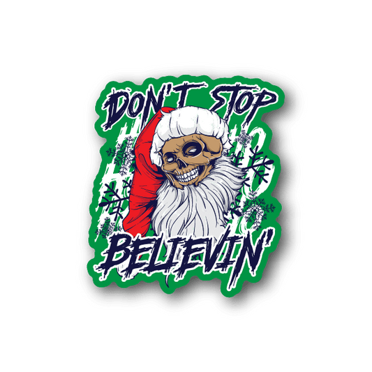 Vinyl sticker of Santa skull character with blue eyes and green graffiti-style text