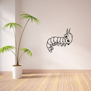Cartoon caterpillar wall decal with spiral body and big eye, black outline