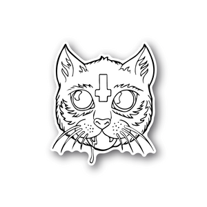 Cat vinyl sticker, white line art face with cross and fangs