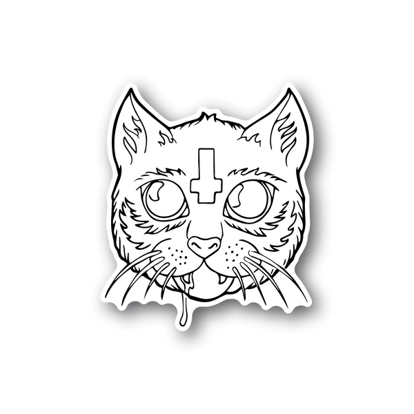 Cat vinyl sticker, white line art face with cross and fangs