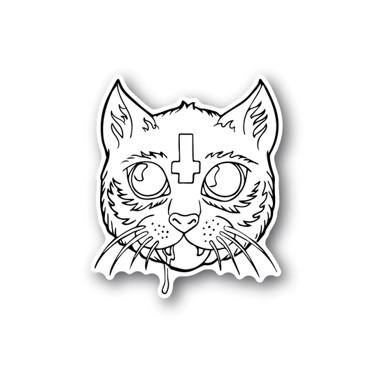 Cat vinyl sticker, white line art face with cross and fangs