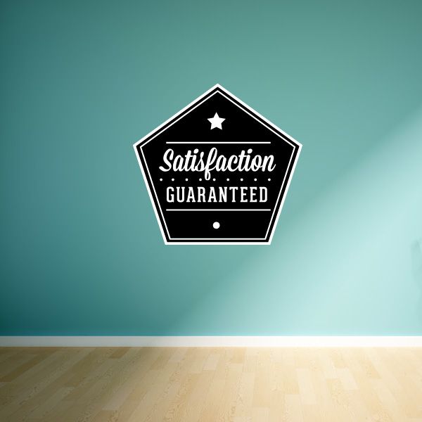 Hexagon wall decal badge with black background, white border, Satisfaction Guaranteed lettering