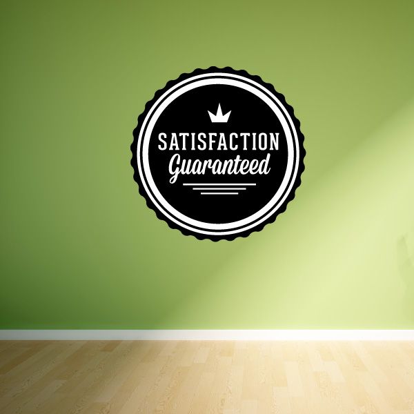 Business badge wall decal, black circular logo with white crown and “Satisfaction Guaranteed”