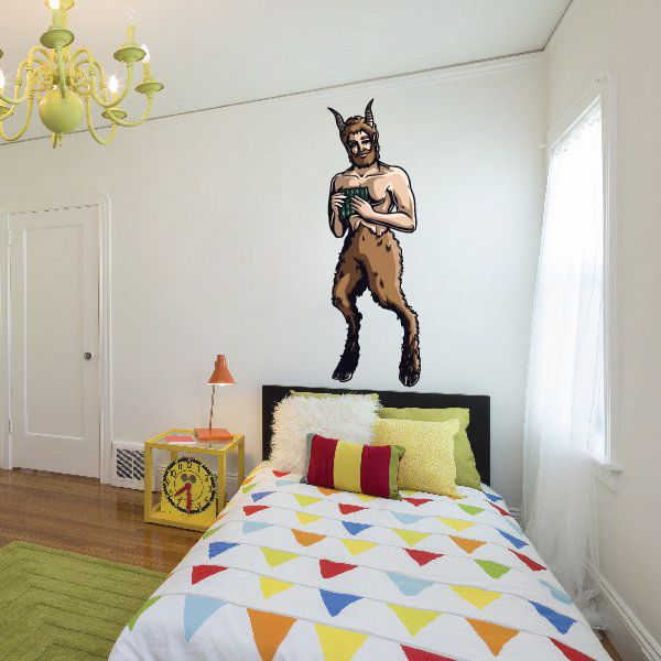 Satyr sticker showing a brown, horned goat-legged man standing