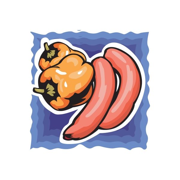 Sausage and bell pepper sticker with cartoon sausage and red pepper.