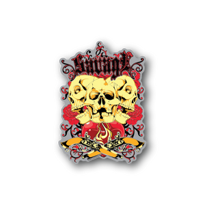 Vinyl sticker with skulls, red flames, and roses around dagger design