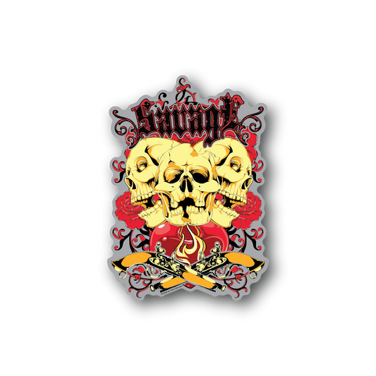 Vinyl sticker with skulls, red flames, and roses around dagger design