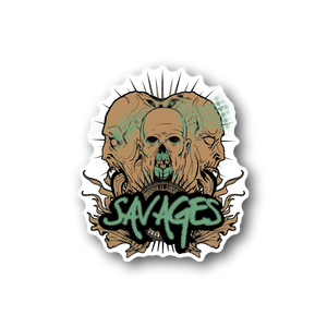 Zombie skull vinyl sticker with green skin flames and Savage lettering