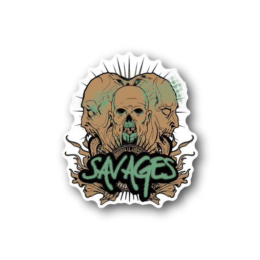 Zombie skull vinyl sticker with green skin flames and Savage lettering