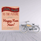 Inspirational sticker with “Say hello to the future” and “Happy New Year” text on orange