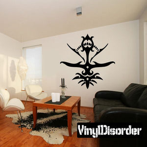 Detailed scales wall decal in black, ornate symmetrical emblem with scrolling accents