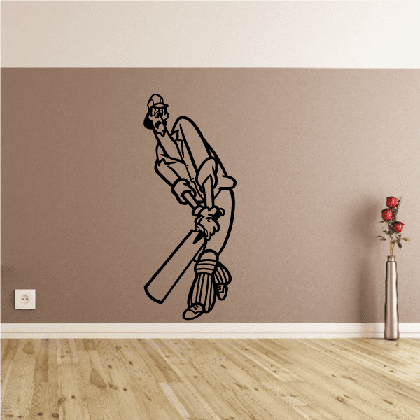 Cricket batter wall decal, black outline of a player holding bat and ball.