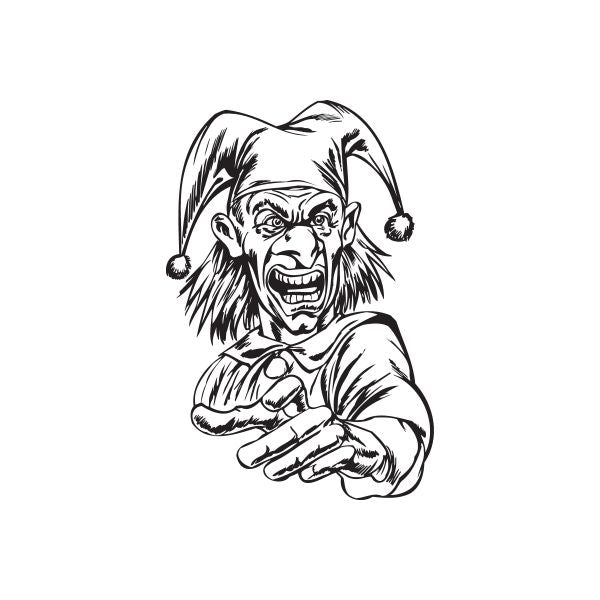 Scared jester decal: black-and-white jester clown with open mouth, holding dagger