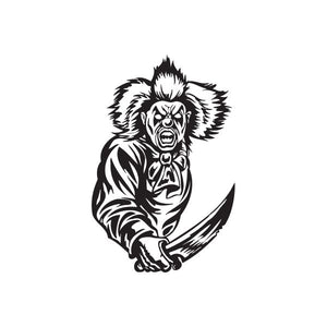 Scary clown face vinyl decal with sharp knife, black and white illustration
