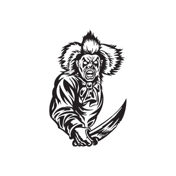 Scary clown face vinyl decal with sharp knife, black and white illustration