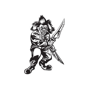 Black-and-white clown decal with grin, holding a large knife