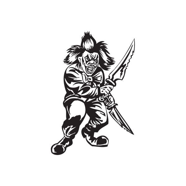 Black-and-white clown decal with grin, holding a large knife