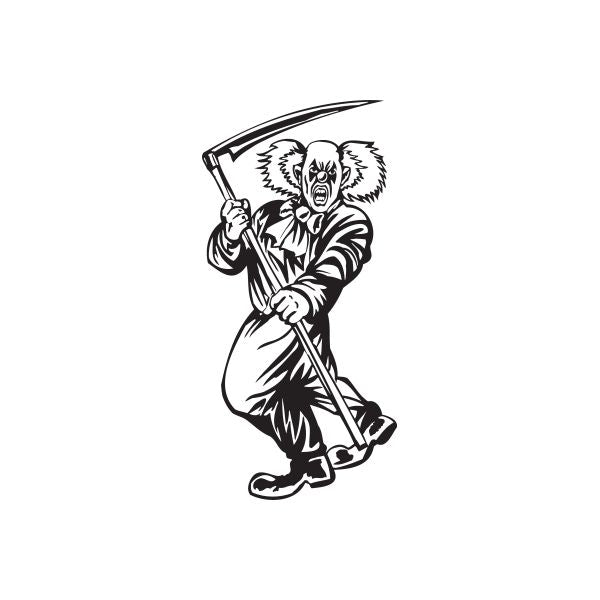 Scary clown with scythe decal in black-and-white, holding a large scythe