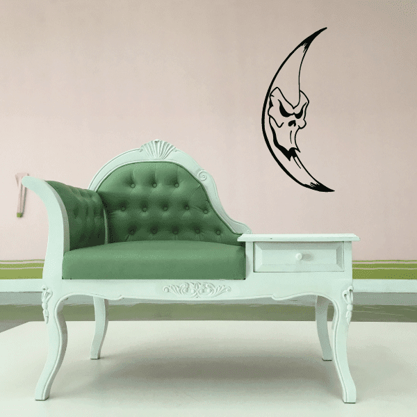 Skull moon wall decal, black crescent with stylized skull face