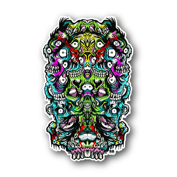 Multicolor scary skull vinyl sticker with chaotic faces and neon green highlights