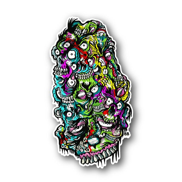 Colorful scary skull vinyl sticker with layered cartoon faces and jagged white border