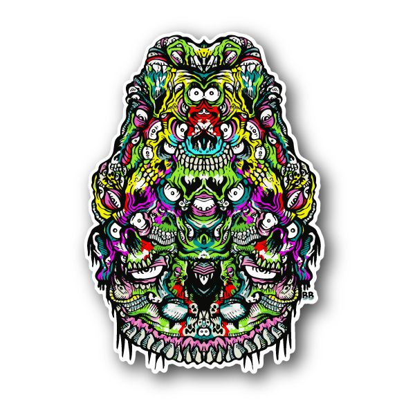 Scary skull vinyl sticker with colorful cartoon faces and monster grin