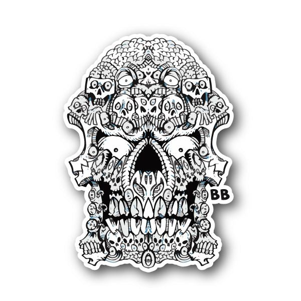 Skull vinyl sticker with wide eye sockets and teeth, black-and-white graphic.