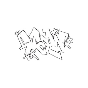 Graffiti-style decal with dark outlined tags and scribbles, vinyl wall sticker