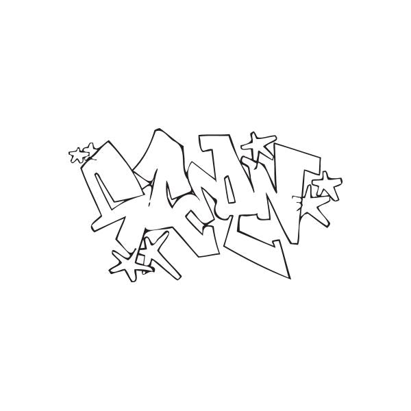 Graffiti-style decal with dark outlined tags and scribbles, vinyl wall sticker