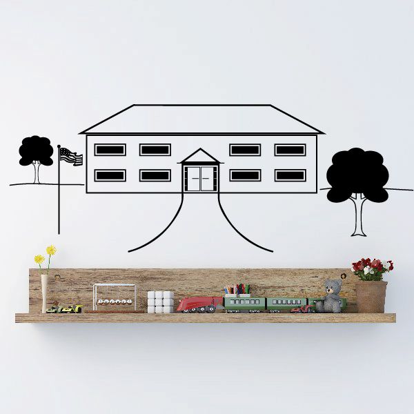 School campus wall decal with illustrated building, doorway, and two trees on sides