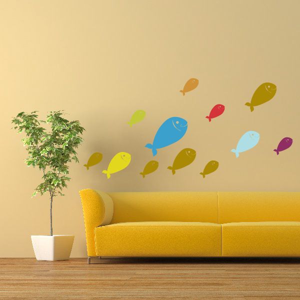 Colorful fish wall stickers with multiple small sea fish shapes in bright colors
