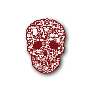 School skeleton collage vinyl sticker, red with white skeleton icons