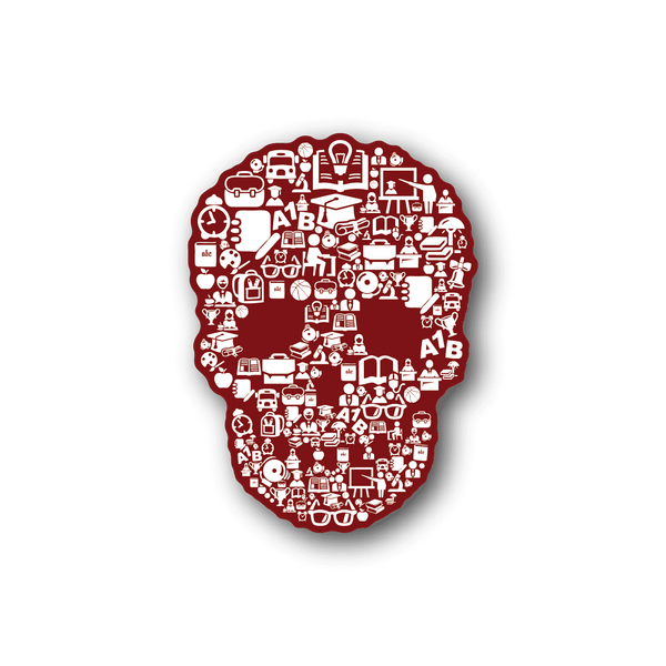 School skeleton collage vinyl sticker, red with white skeleton icons