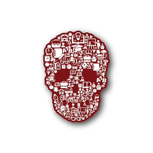 School skeleton collage vinyl sticker, red with white skeleton icons