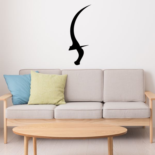 Black scimitar dagger wall decal with curved blade and pointed tip
