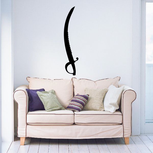 Black scimitar silhouette wall decal with curved blade and hilt
