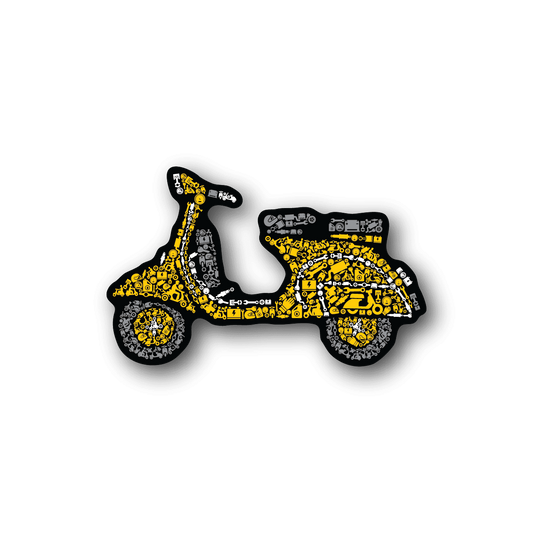 Scooter vinyl sticker with black and yellow collage graphic and scattered icons