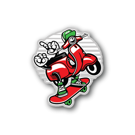 Vinyl scooter skateboard sticker of red rider with roller skates and green wheels