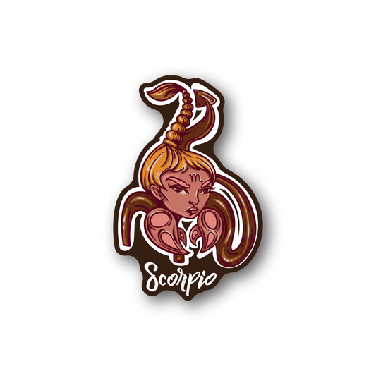 Scorpio zodiac vinyl sticker with stylized scorpion and archer character illustration